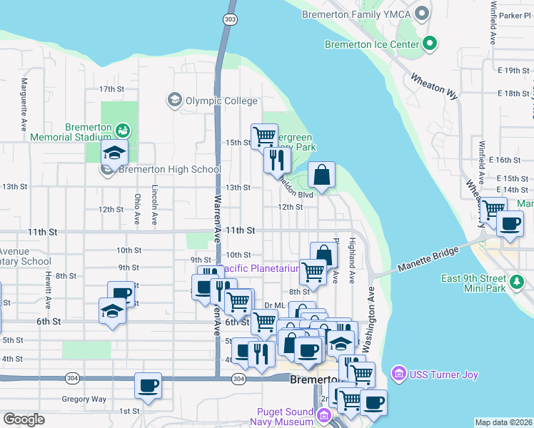 map of restaurants, bars, coffee shops, grocery stores, and more near 1120 Park Avenue in Bremerton