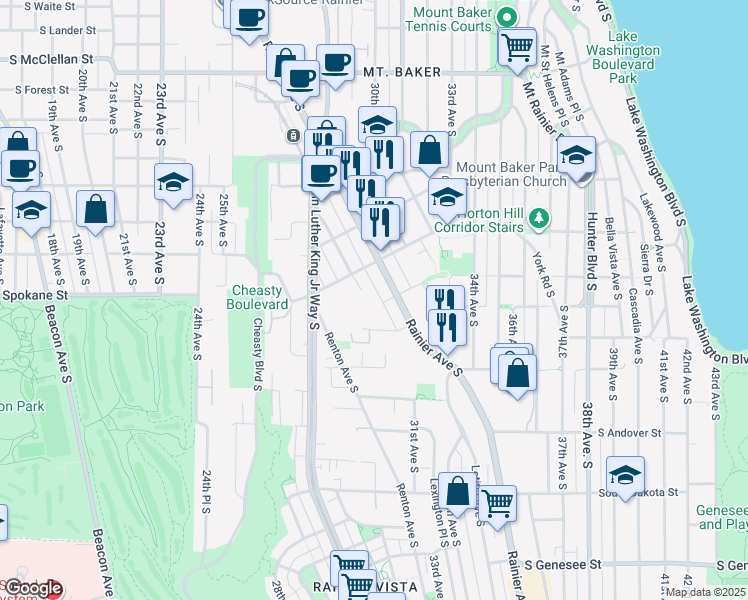 map of restaurants, bars, coffee shops, grocery stores, and more near 3410 Rainier Avenue South in Seattle