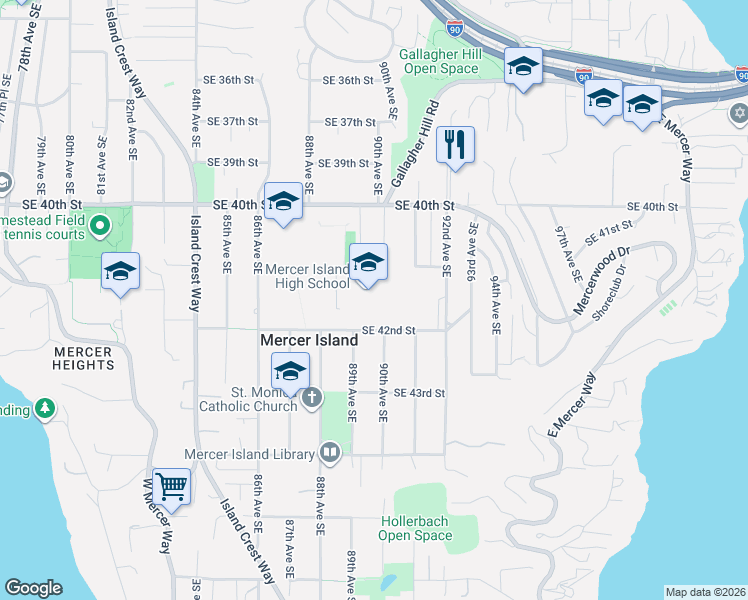 map of restaurants, bars, coffee shops, grocery stores, and more near 9100 Southeast 42nd Street in Mercer Island