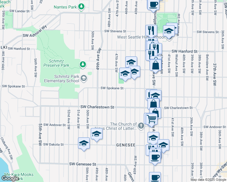 map of restaurants, bars, coffee shops, grocery stores, and more near 3447 47th Avenue Southwest in Seattle