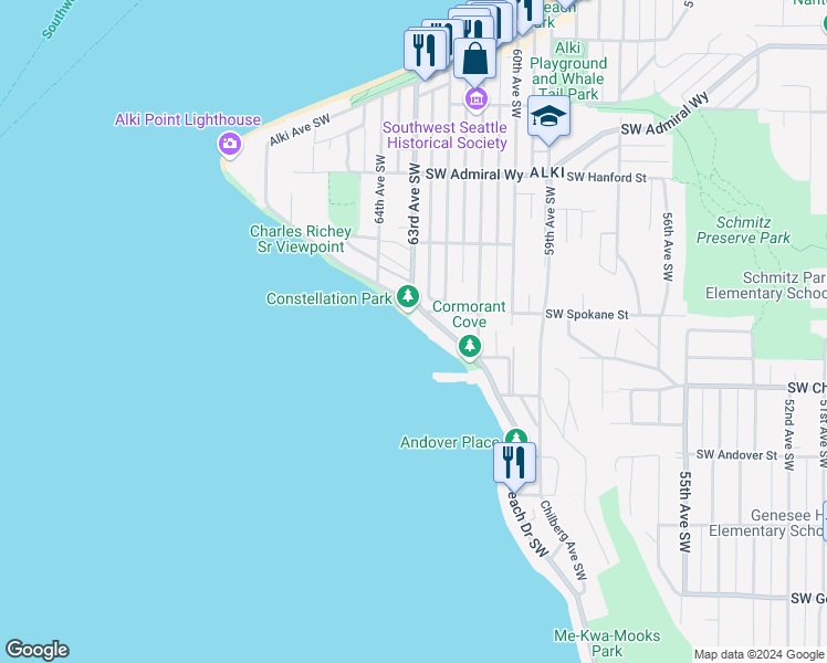 map of restaurants, bars, coffee shops, grocery stores, and more near 3535 Beach Drive Southwest in Seattle