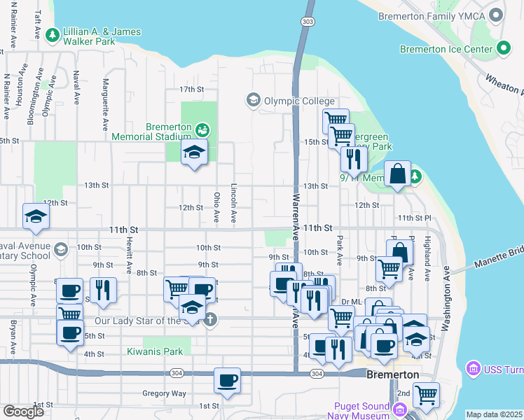 map of restaurants, bars, coffee shops, grocery stores, and more near 1220 Chester Avenue in Bremerton