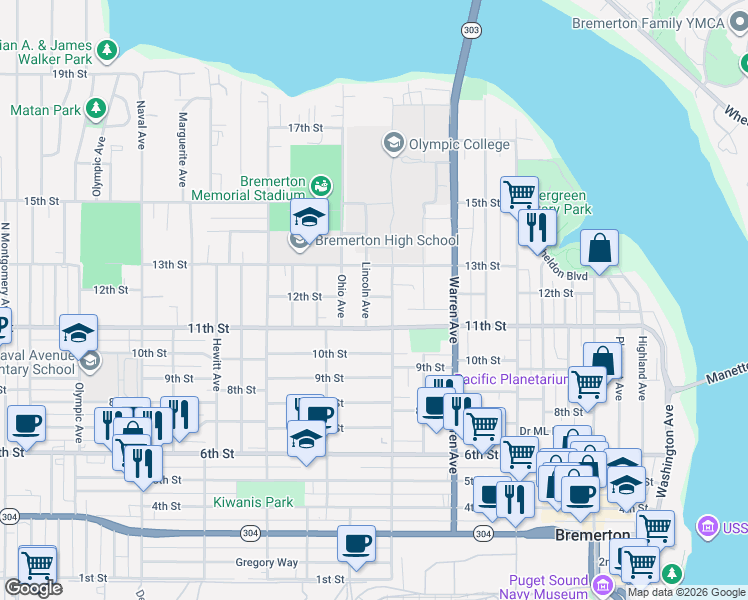 map of restaurants, bars, coffee shops, grocery stores, and more near 1307 13th Street in Bremerton