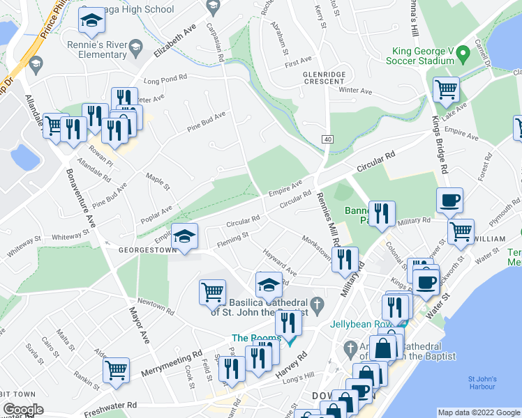 map of restaurants, bars, coffee shops, grocery stores, and more near 3 Carpasian Road in St. John's