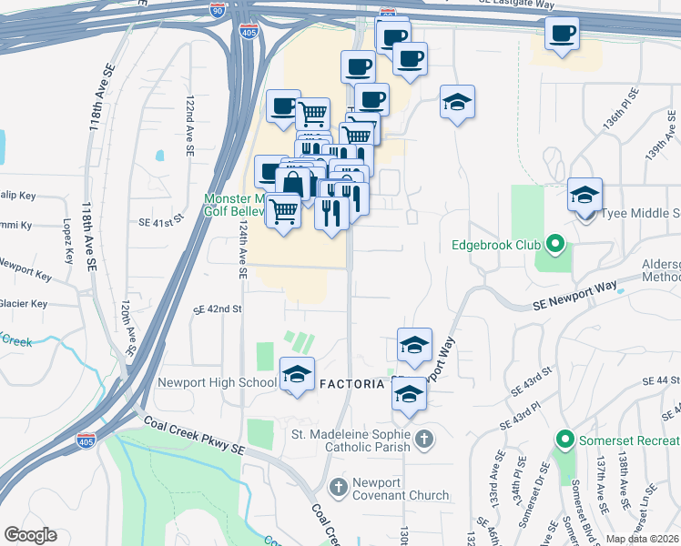 map of restaurants, bars, coffee shops, grocery stores, and more near 4065 Factoria Boulevard Southeast in Bellevue