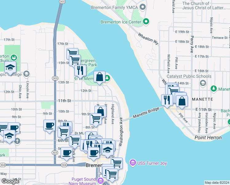 map of restaurants, bars, coffee shops, grocery stores, and more near 1110 Highland Avenue in Bremerton