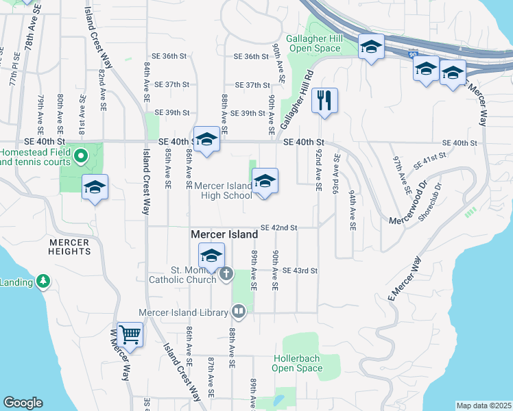 map of restaurants, bars, coffee shops, grocery stores, and more near 9100 Southeast 42nd Street in Mercer Island