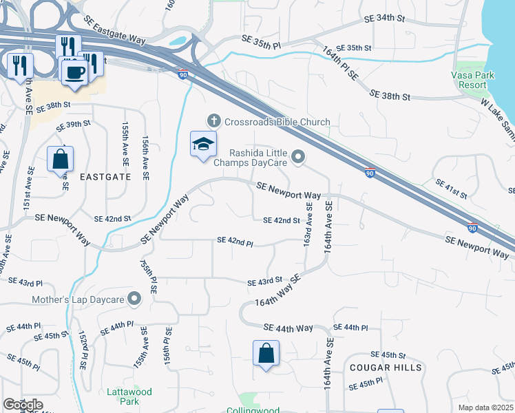 map of restaurants, bars, coffee shops, grocery stores, and more near 16127 Southeast Newport Way in Bellevue