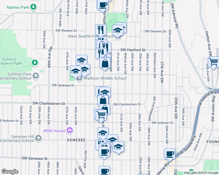 map of restaurants, bars, coffee shops, grocery stores, and more near 3449 California Avenue Southwest in Seattle