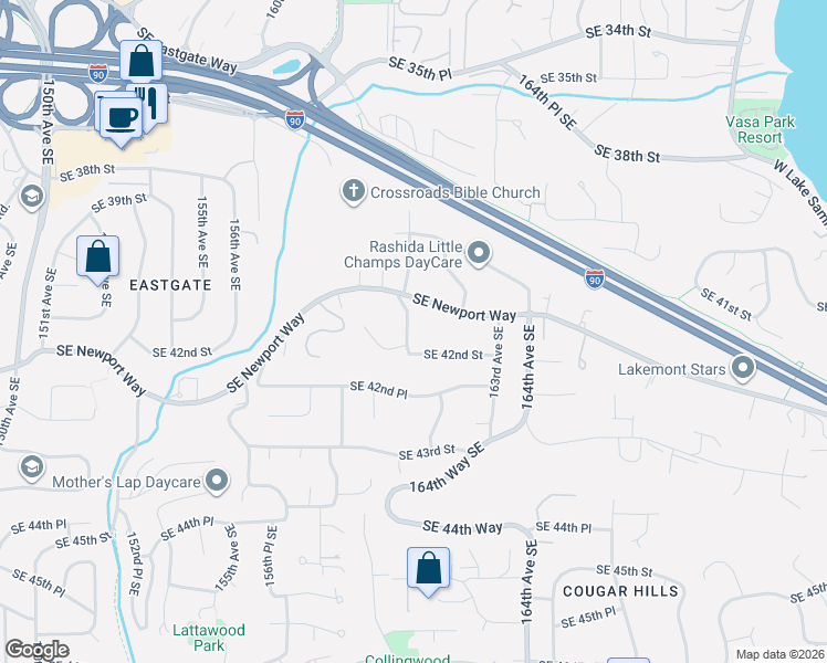 map of restaurants, bars, coffee shops, grocery stores, and more near 16127 Southeast Newport Way in Bellevue