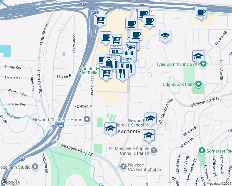 map of restaurants, bars, coffee shops, grocery stores, and more near 4065 Factoria Boulevard Southeast in Bellevue