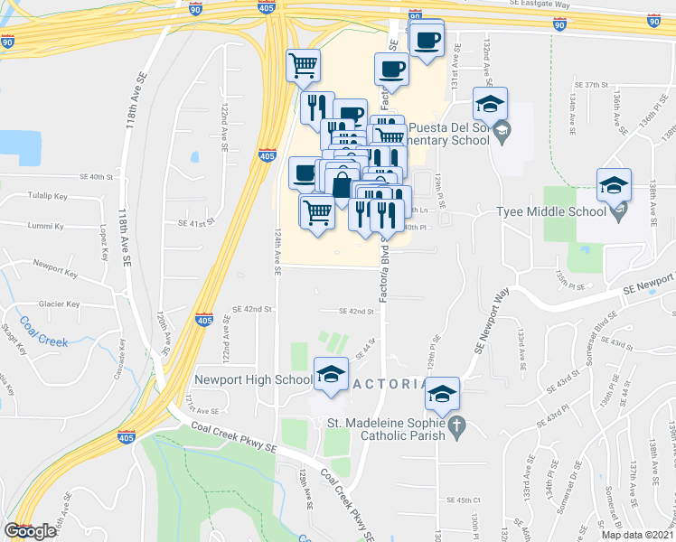 map of restaurants, bars, coffee shops, grocery stores, and more near 12620 Southeast 41st Place in Bellevue
