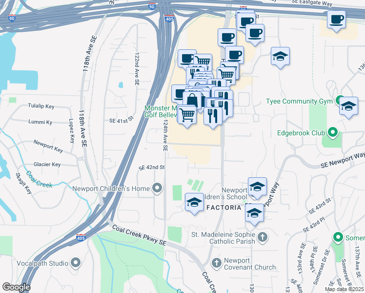 map of restaurants, bars, coffee shops, grocery stores, and more near 12750 Southeast 39th Street in Bellevue