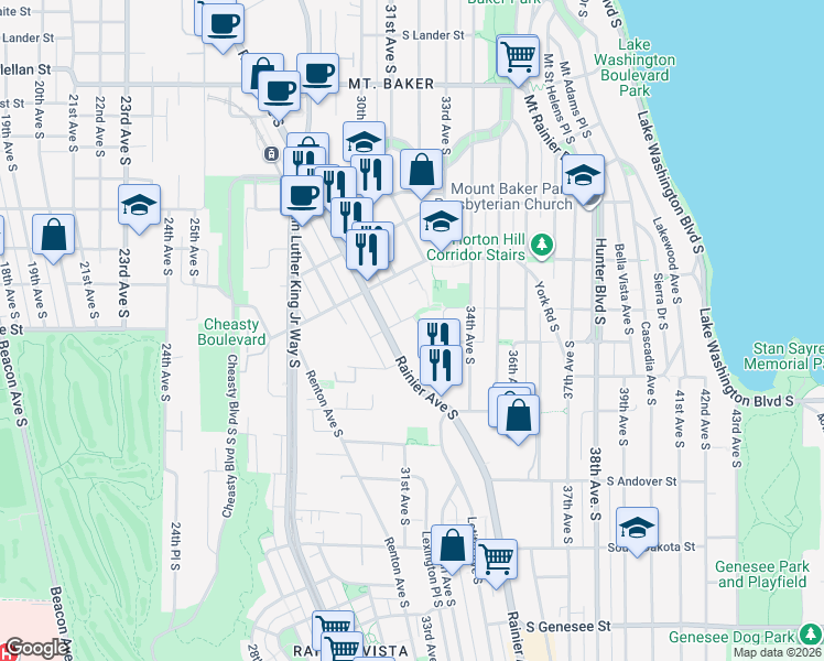 map of restaurants, bars, coffee shops, grocery stores, and more near 3400 Rainier Avenue South in Seattle