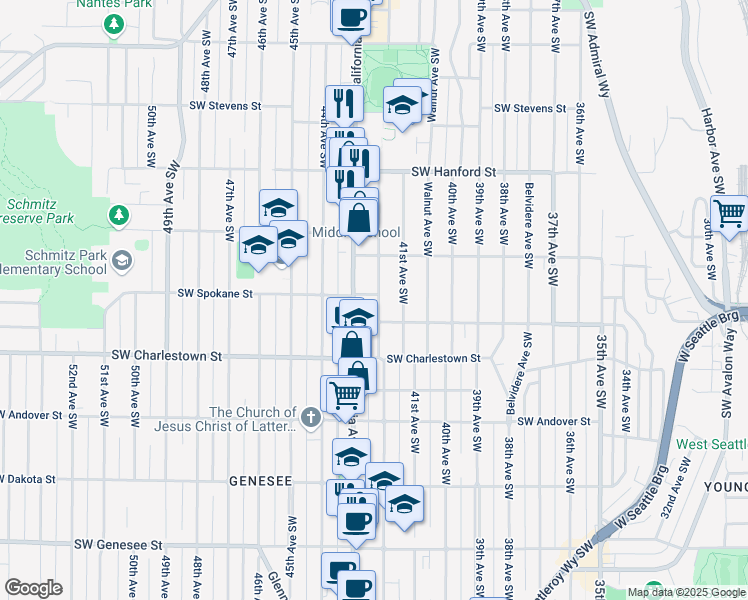 map of restaurants, bars, coffee shops, grocery stores, and more near 3449 California Avenue Southwest in Seattle