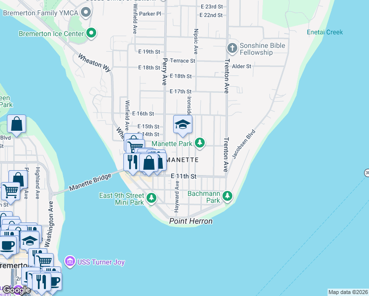 map of restaurants, bars, coffee shops, grocery stores, and more near 1314 Ironsides Avenue in Bremerton