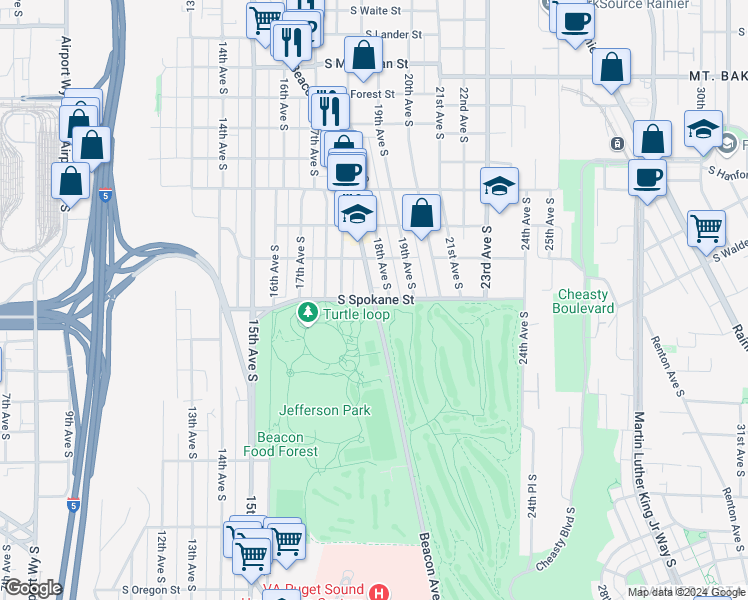 map of restaurants, bars, coffee shops, grocery stores, and more near Beacon Ave S & S Spokane St in Seattle