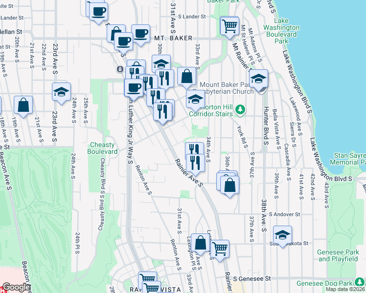 map of restaurants, bars, coffee shops, grocery stores, and more near 3400 Rainier Avenue South in Seattle