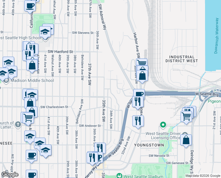 map of restaurants, bars, coffee shops, grocery stores, and more near 2715 SW Spokane St in Seattle