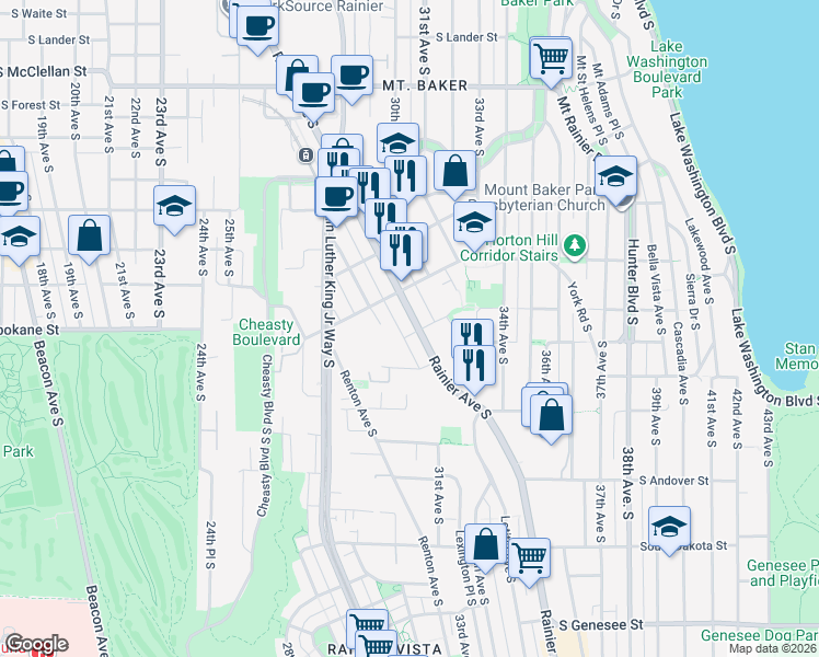 map of restaurants, bars, coffee shops, grocery stores, and more near 3435 Rainier Avenue South in Seattle