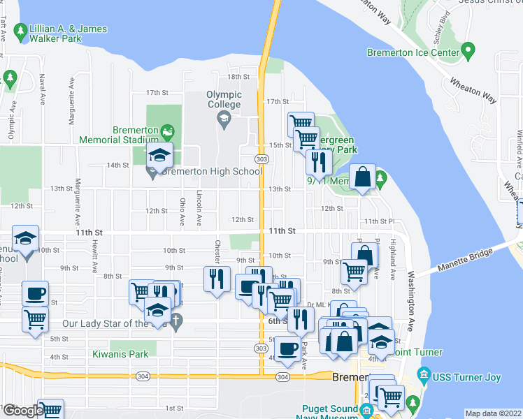 map of restaurants, bars, coffee shops, grocery stores, and more near 1211 Warren Avenue in Bremerton
