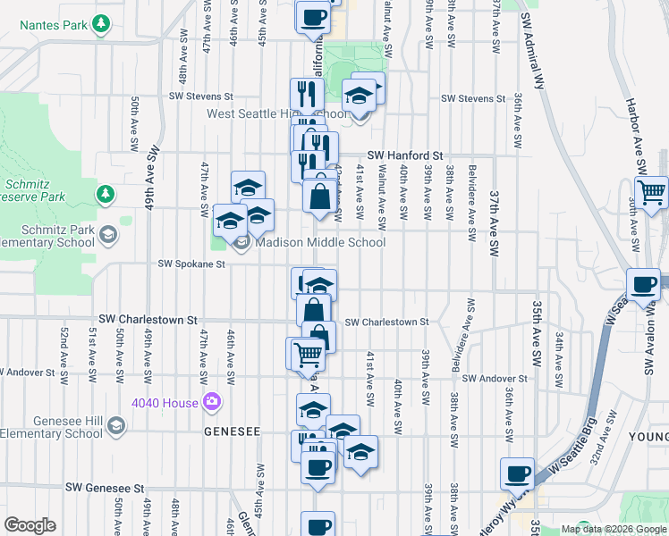 map of restaurants, bars, coffee shops, grocery stores, and more near 3601 42nd Avenue Southwest in Seattle
