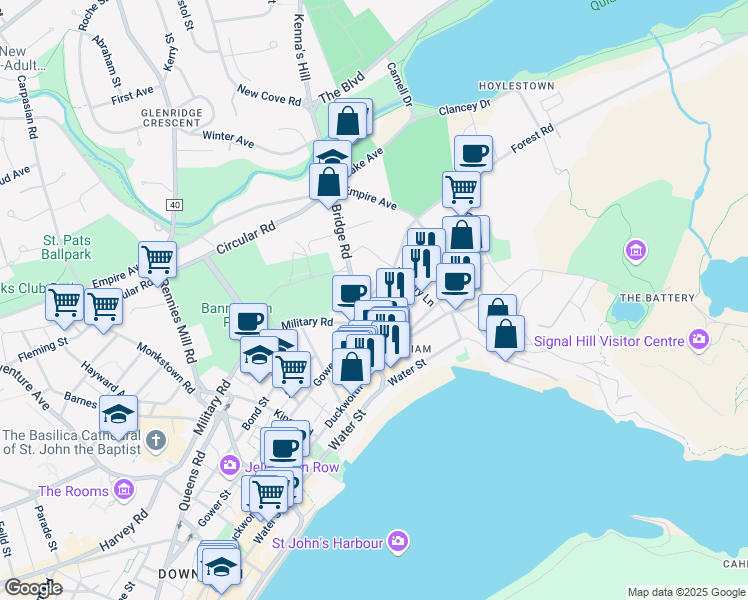 map of restaurants, bars, coffee shops, grocery stores, and more near 8 A Forest Road in St. John's