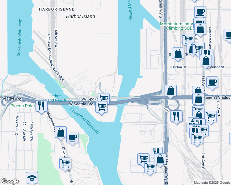 map of restaurants, bars, coffee shops, grocery stores, and more near 910 Southwest Spokane Street in Seattle