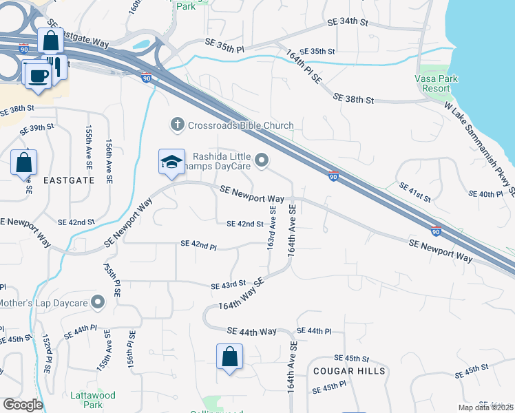 map of restaurants, bars, coffee shops, grocery stores, and more near 4048 162nd Avenue Southeast in Bellevue