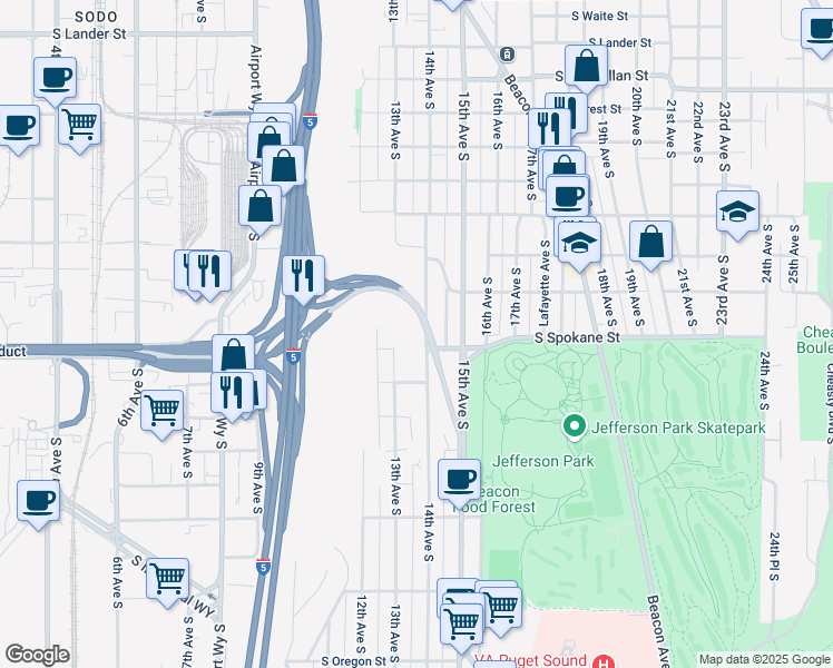 map of restaurants, bars, coffee shops, grocery stores, and more near 3440 14th Avenue South in Seattle