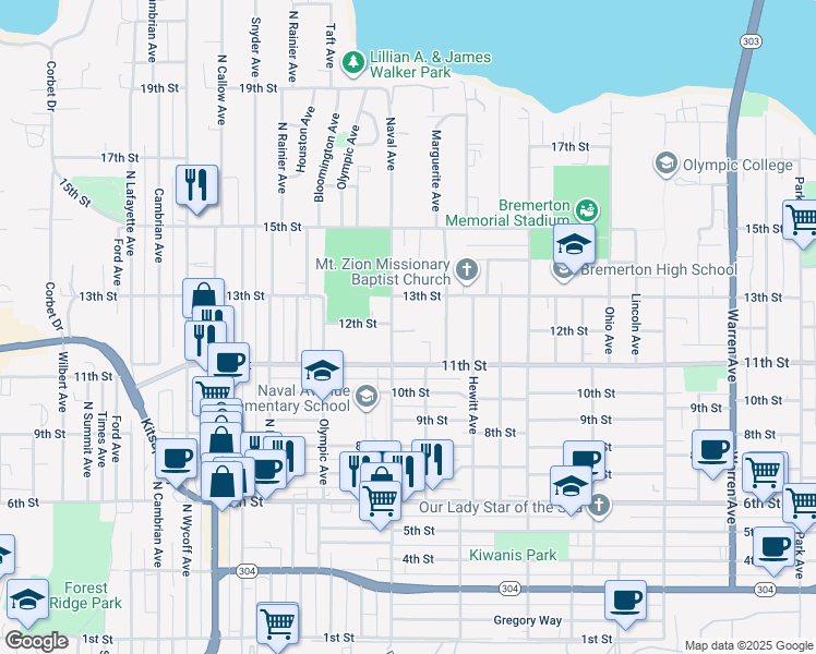 map of restaurants, bars, coffee shops, grocery stores, and more near 1142 Naval Avenue in Bremerton
