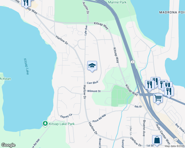 map of restaurants, bars, coffee shops, grocery stores, and more near 1111 Carr Boulevard in Bremerton