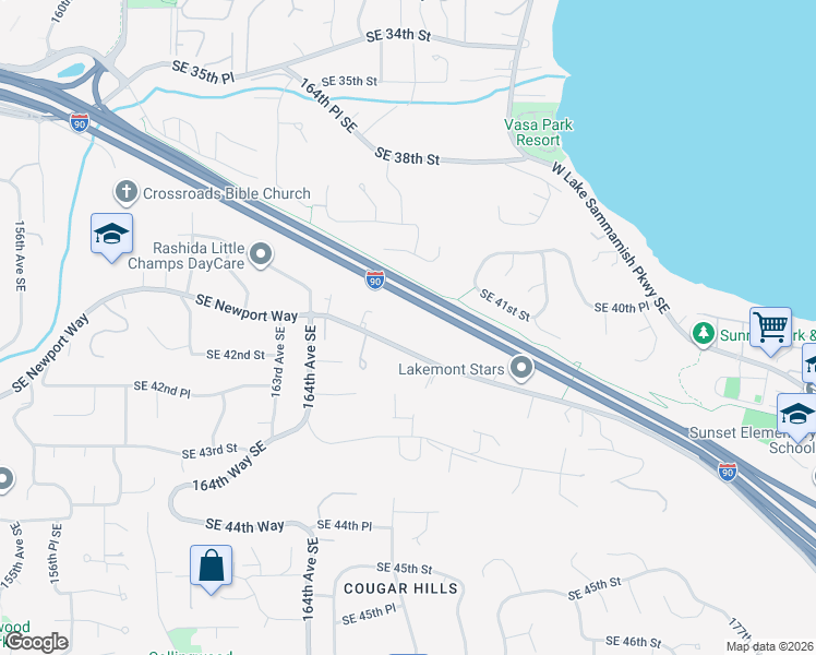 map of restaurants, bars, coffee shops, grocery stores, and more near 16622 Southeast Newport Way in Bellevue