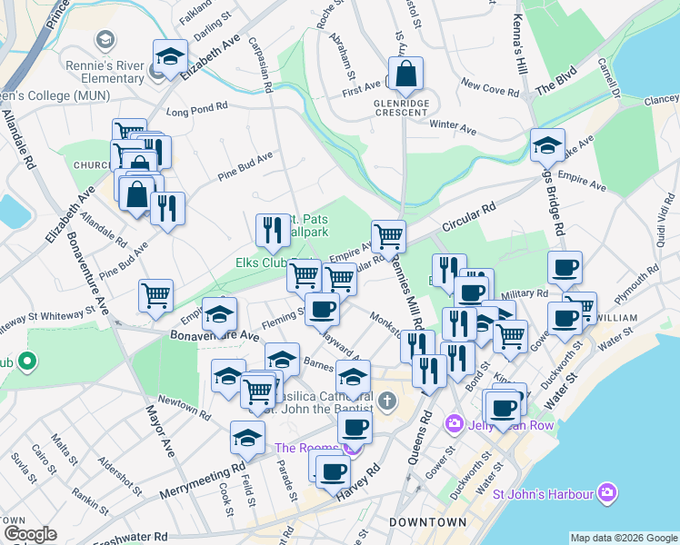 map of restaurants, bars, coffee shops, grocery stores, and more near 72 Circular Road in St. John's