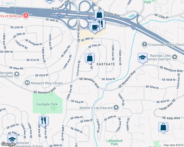 map of restaurants, bars, coffee shops, grocery stores, and more near 15155 Southeast 41st Street in Bellevue