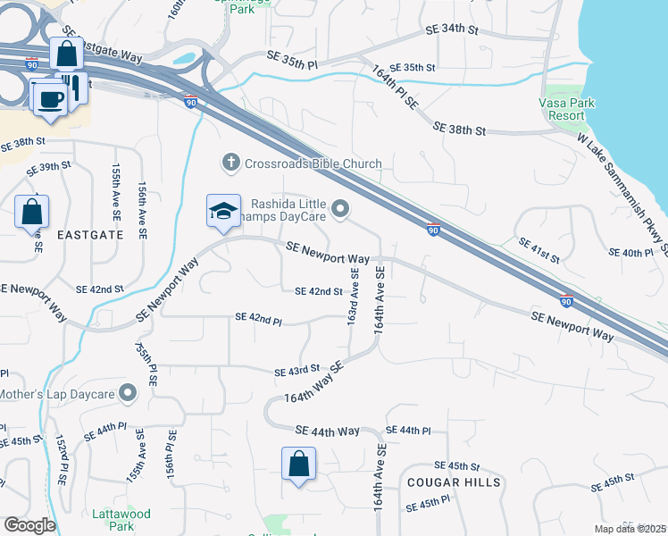 map of restaurants, bars, coffee shops, grocery stores, and more near 4048 162nd Avenue Southeast in Bellevue