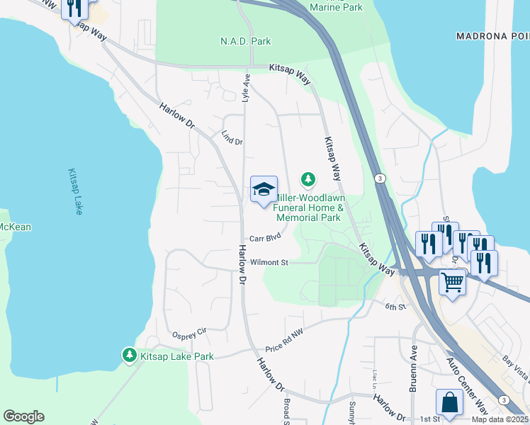 map of restaurants, bars, coffee shops, grocery stores, and more near 1111 Carr Boulevard in Bremerton