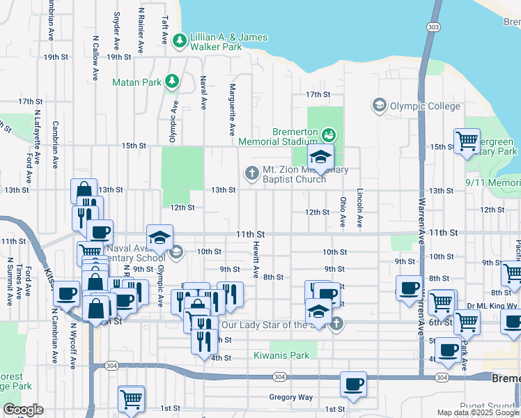 map of restaurants, bars, coffee shops, grocery stores, and more near 1128 Hewitt Avenue in Bremerton