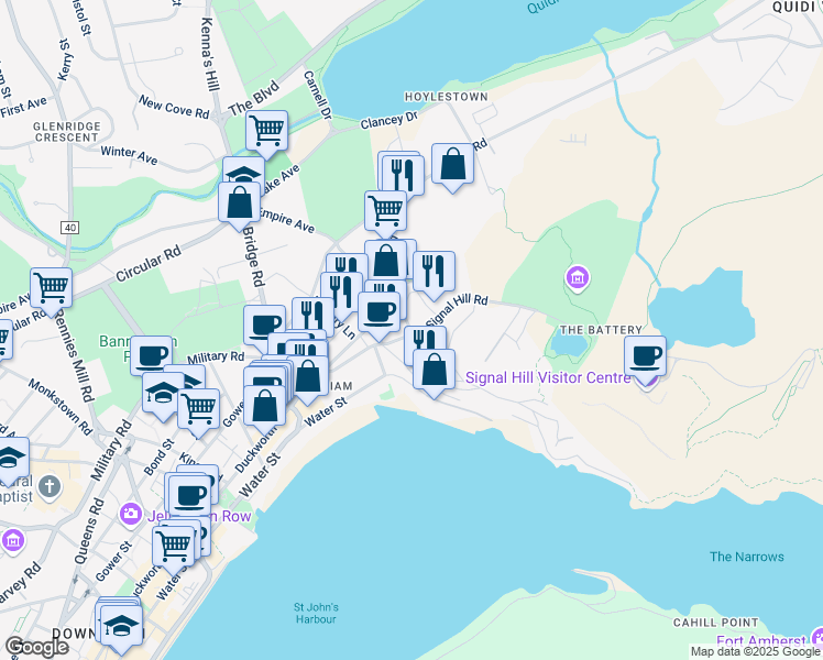 map of restaurants, bars, coffee shops, grocery stores, and more near Saint Joseph's Lane in St. John's