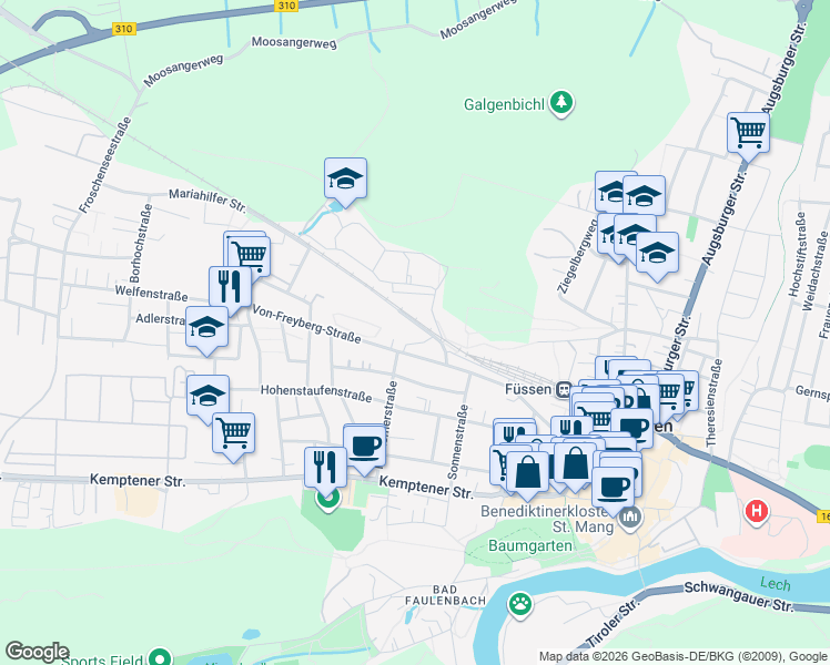 map of restaurants, bars, coffee shops, grocery stores, and more near 5 Kaiser-Maximilian-Platz in Füssen