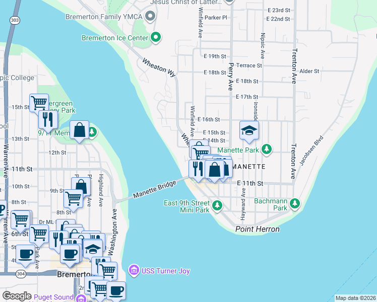 map of restaurants, bars, coffee shops, grocery stores, and more near 1307 Wheaton Way in Bremerton