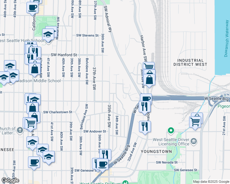 map of restaurants, bars, coffee shops, grocery stores, and more near 3402 Southwest Spokane Street in Seattle
