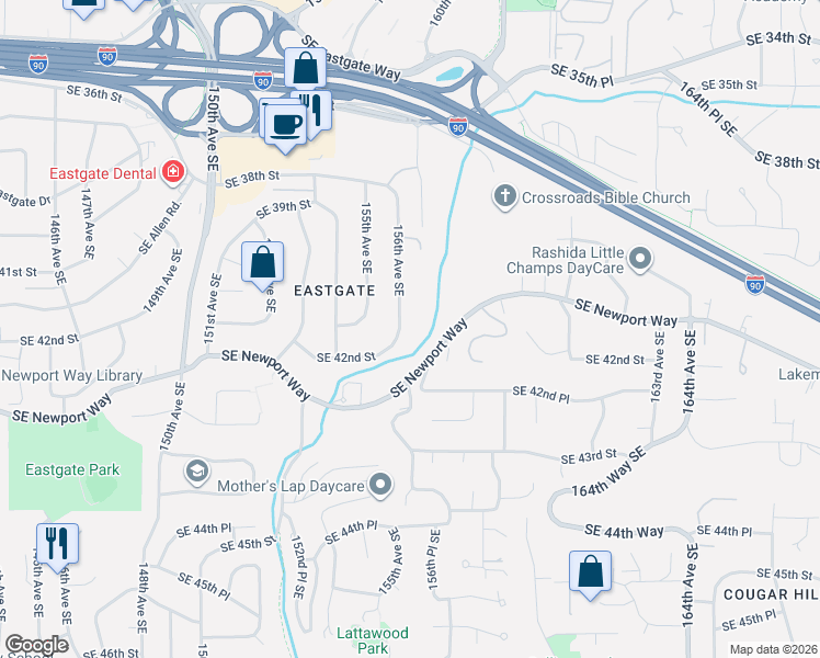 map of restaurants, bars, coffee shops, grocery stores, and more near 4071 156th Avenue Southeast in Bellevue