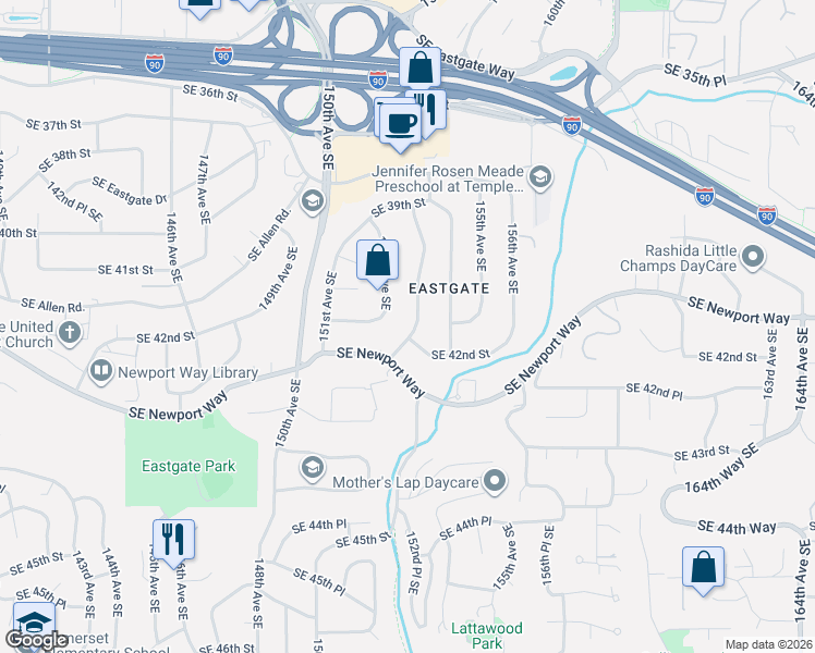 map of restaurants, bars, coffee shops, grocery stores, and more near 4120 152nd Avenue Southeast in Bellevue