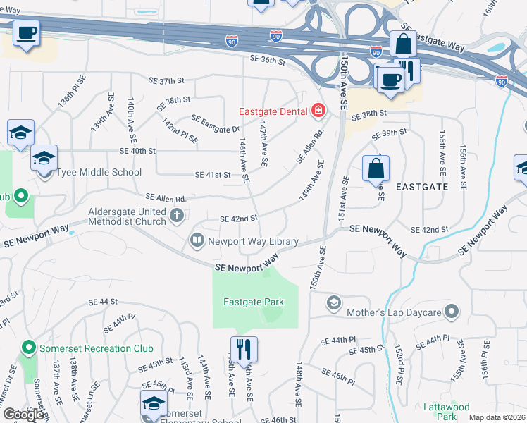 map of restaurants, bars, coffee shops, grocery stores, and more near 14617 Southeast Allen Road in Bellevue