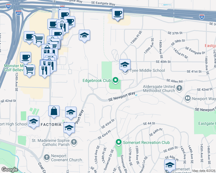 map of restaurants, bars, coffee shops, grocery stores, and more near 4111 135th Place Southeast in Bellevue