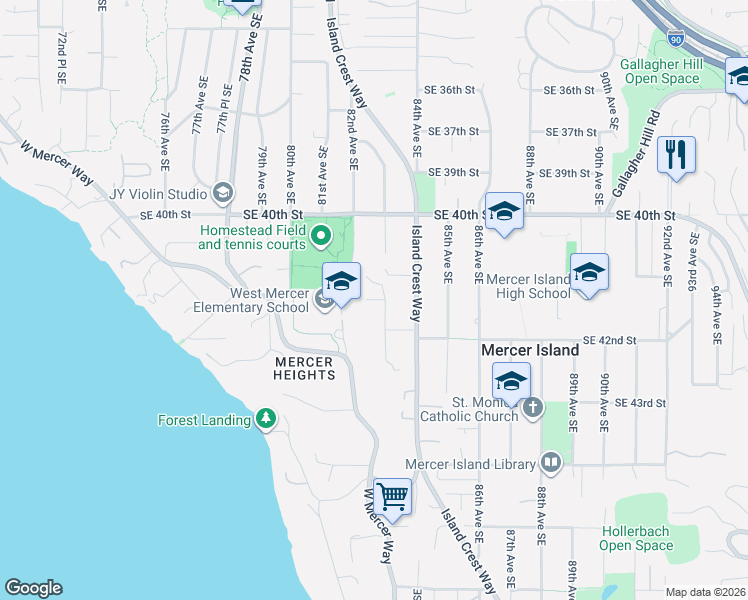 map of restaurants, bars, coffee shops, grocery stores, and more near 8215 Southeast 41st Street in Mercer Island