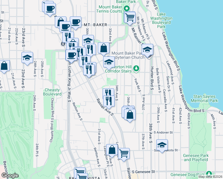 map of restaurants, bars, coffee shops, grocery stores, and more near 3403 34th Avenue South in Seattle