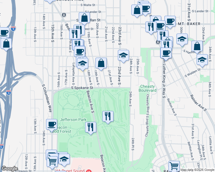 map of restaurants, bars, coffee shops, grocery stores, and more near 3420 20th Avenue South in Seattle