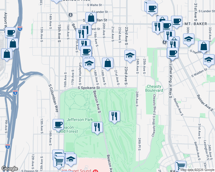 map of restaurants, bars, coffee shops, grocery stores, and more near 3416 20th Avenue South in Seattle